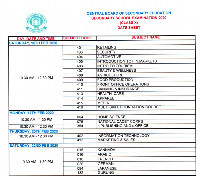 CBSE 10th Board Examination Time table - YourExamInfo